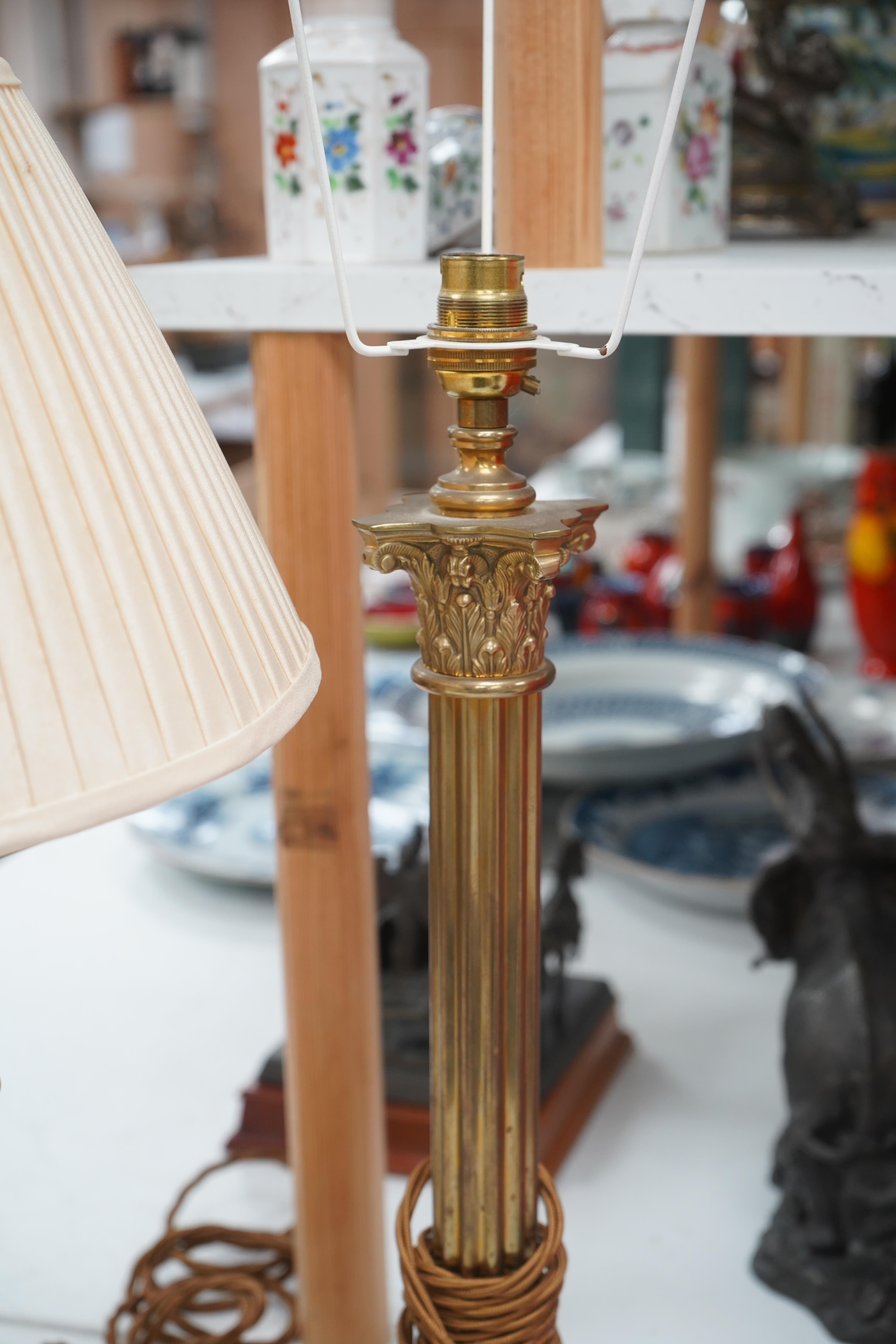 A pair of brass Corinthian column table lamps and another brass and glass pair, tallest 41.5cm. Condition - good, not tested